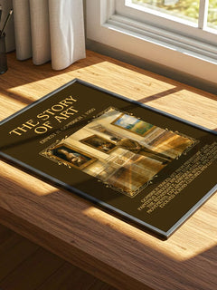 The Story of Art Minimalist Book Poster by Ernest H. Gombrich – print on a sunlit desk