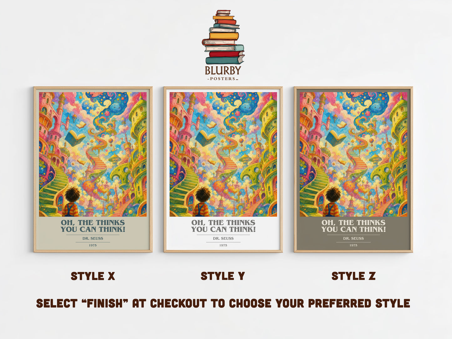 Oh, The Thinks You Can Think! book cover print in frame leaning in hallway – childrens wall art
