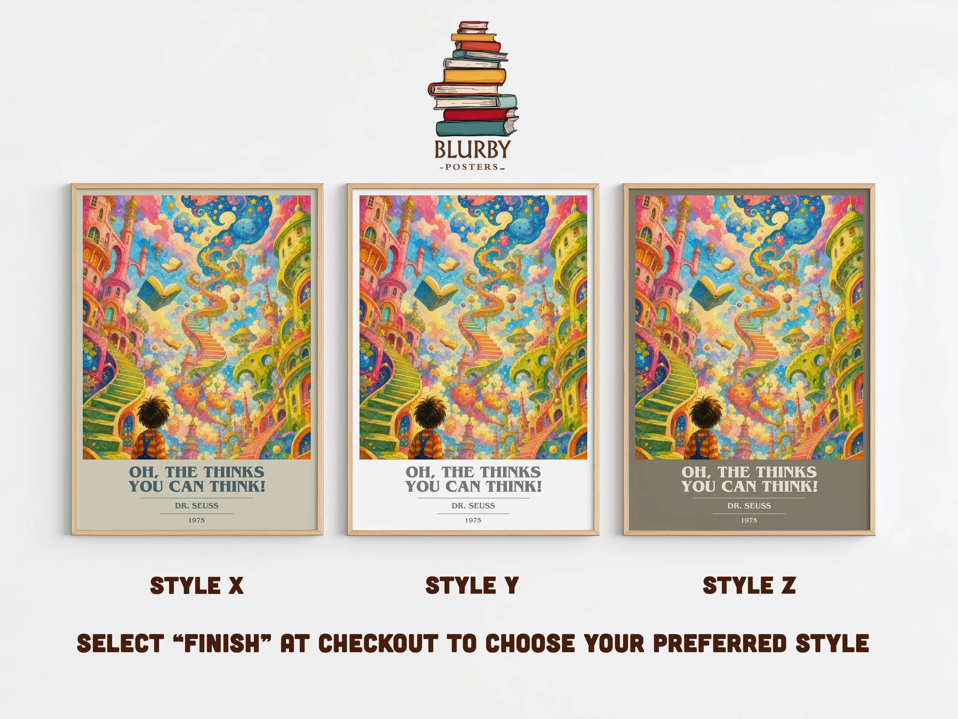 Oh, The Thinks You Can Think! book cover print in frame leaning in hallway – childrens wall art