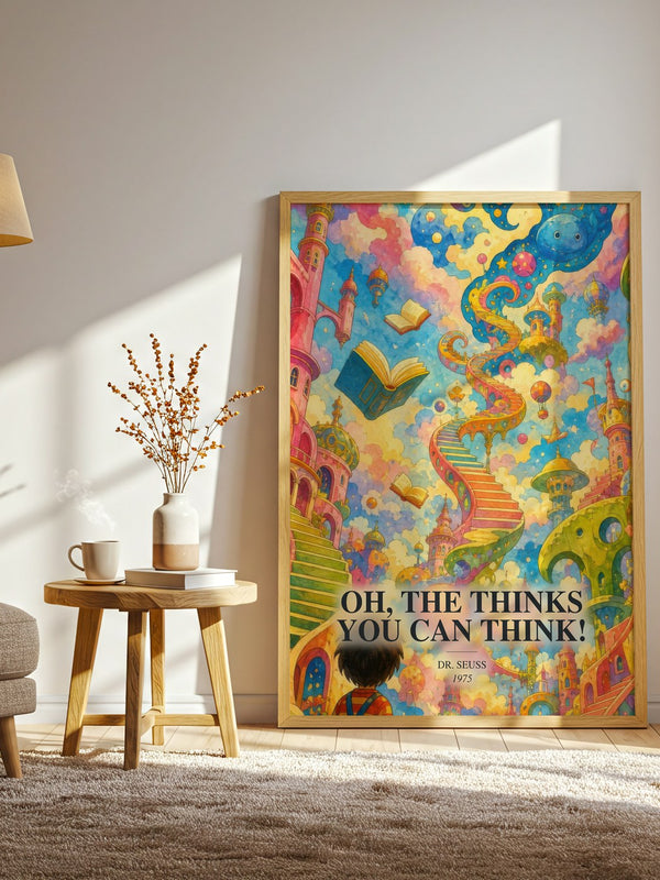 Oh, The Thinks You Can Think! watercolour print in frame leaning in hallway – childrens wall art