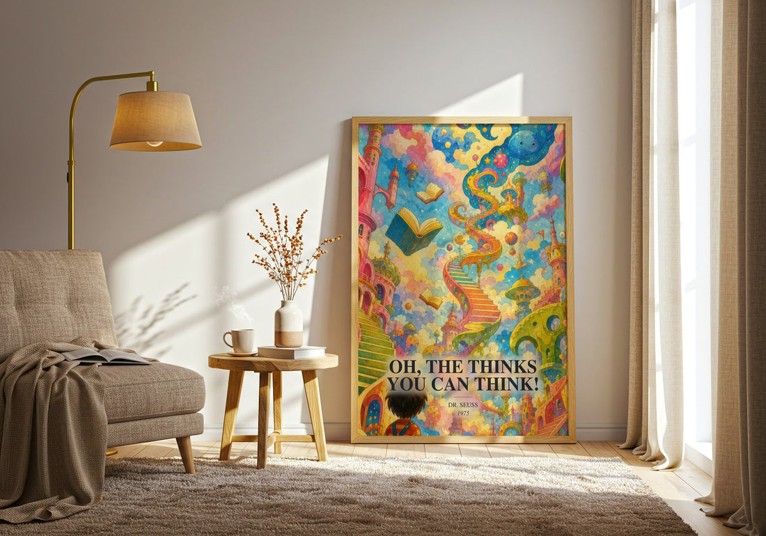 Oh, The Thinks You Can Think! watercolour print in frame leaning in hallway – childrens wall art (mockup)