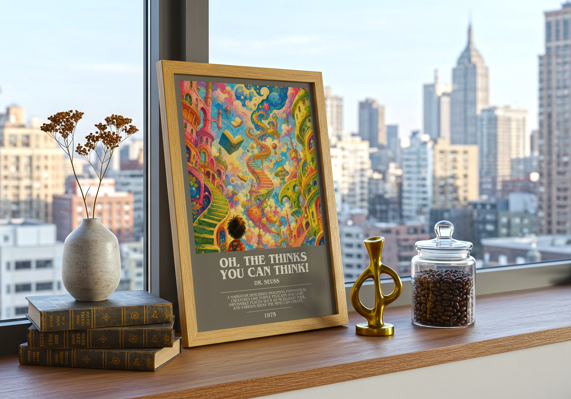 Oh, The Thinks You Can Think! bookish print framed by window – literary home decor