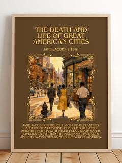 The Death and Life of Great American Cities Minimalist Book Poster by Jane Jacobs – framed print leaning on a wooden floor