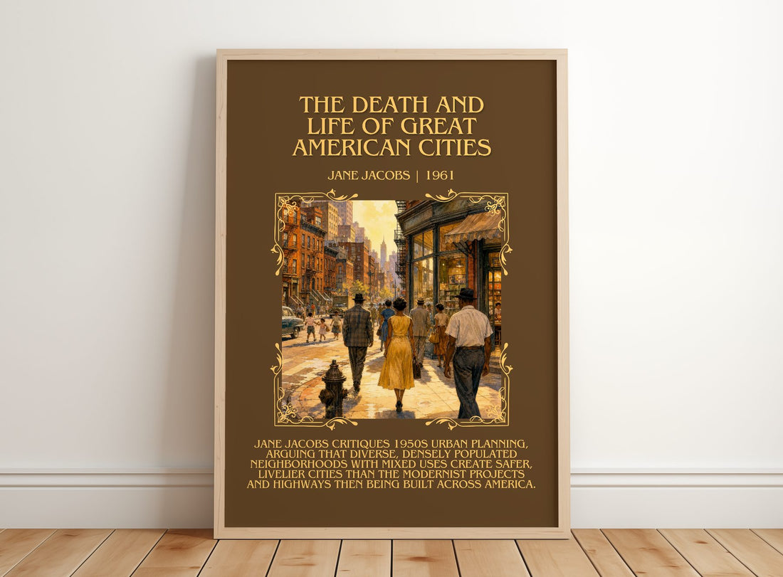 The Death and Life of Great American Cities Minimalist Book Poster by Jane Jacobs – framed print leaning on a wooden floor