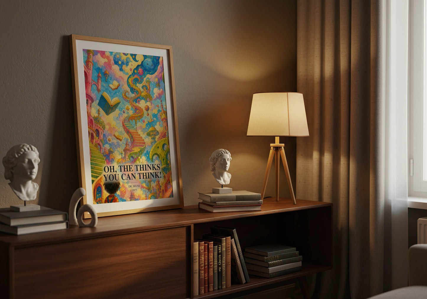 Oh, The Thinks You Can Think! watercolour print on bookshelf – Dr. Seuss fan gift
