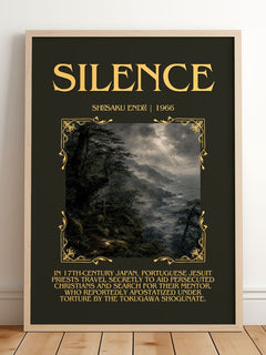 Silence Minimalist Book Poster by Shūsaku Endō – framed print leaning on a wooden floor