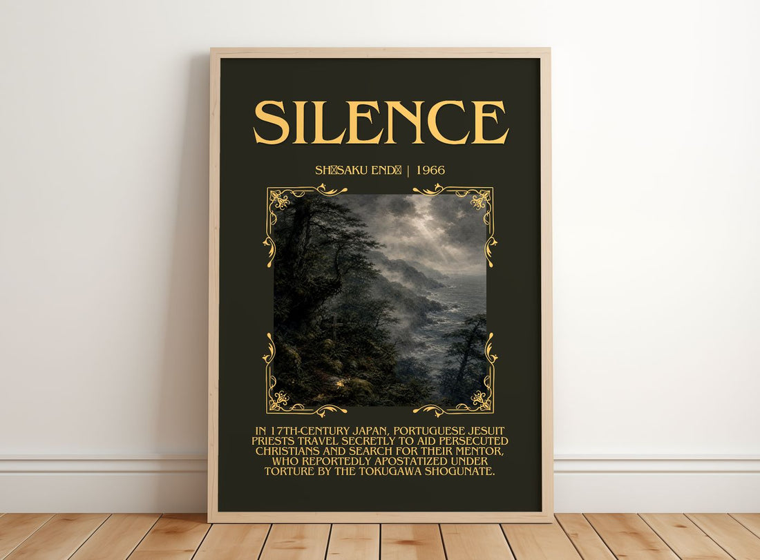 Silence Minimalist Book Poster by Shūsaku Endō – framed print leaning on a wooden floor