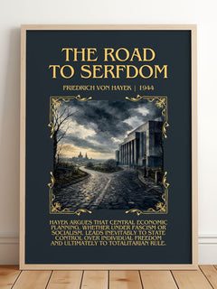The Road to Serfdom Minimalist Book Poster by Friedrich von Hayek – framed print leaning on a wooden floor
