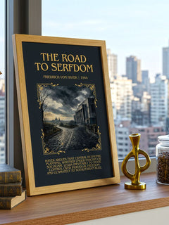 The Road to Serfdom Minimalist Book Poster by Friedrich von Hayek – framed print on a city-view windowsill