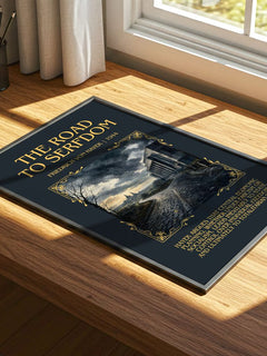The Road to Serfdom Minimalist Book Poster by Friedrich von Hayek – print on a sunlit desk