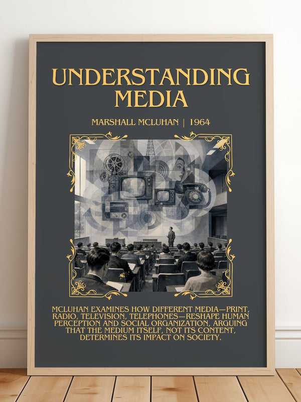 Understanding Media Minimalist Book Poster by Marshall McLuhan – framed print leaning on a wooden floor