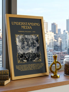 Understanding Media Minimalist Book Poster by Marshall McLuhan – framed print on a city-view windowsill