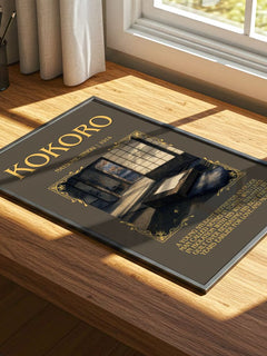 Kokoro Minimalist Book Poster by Natsume Sōseki – print on a sunlit desk