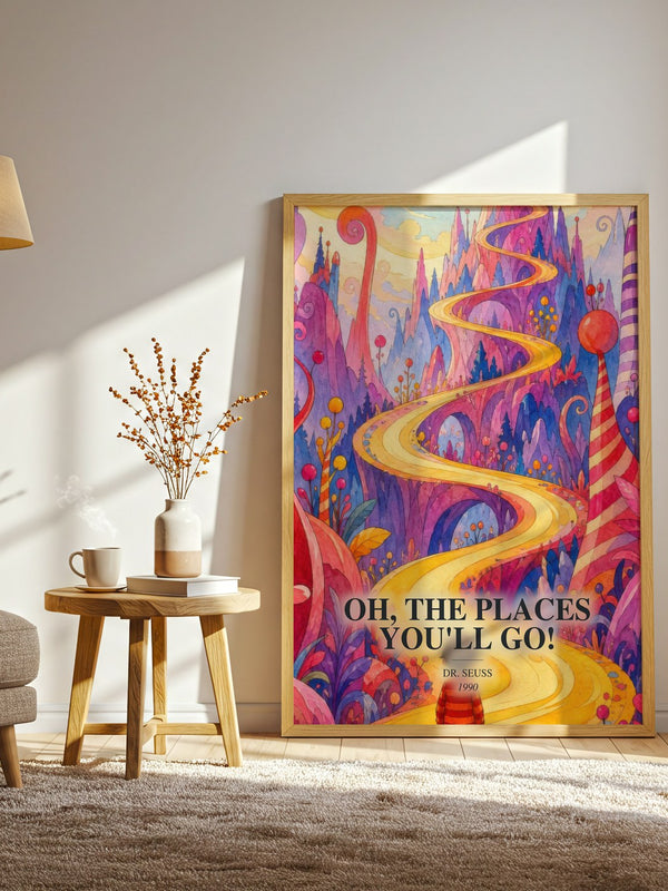 Oh, The Places You'Ll Go! watercolour print in frame leaning in hallway – childrens wall art