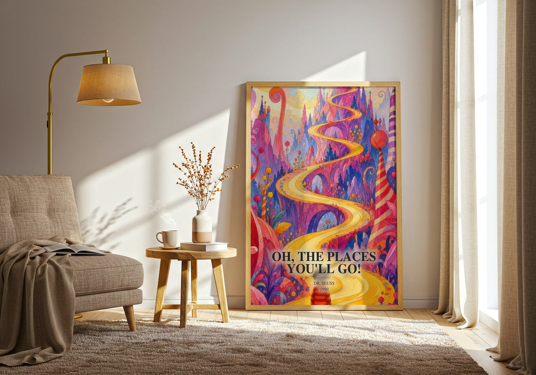 Oh, The Places You'Ll Go! watercolour print in frame leaning in hallway – childrens wall art (mockup)