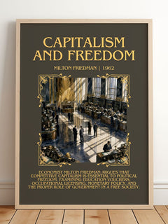 Capitalism and Freedom Minimalist Book Poster by Milton Friedman – framed print leaning on a wooden floor