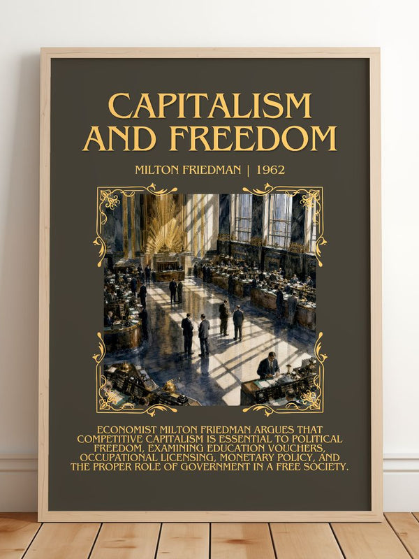 Capitalism and Freedom Minimalist Book Poster by Milton Friedman – framed print leaning on a wooden floor