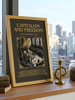 Capitalism and Freedom Minimalist Book Poster by Milton Friedman – framed print on a city-view windowsill