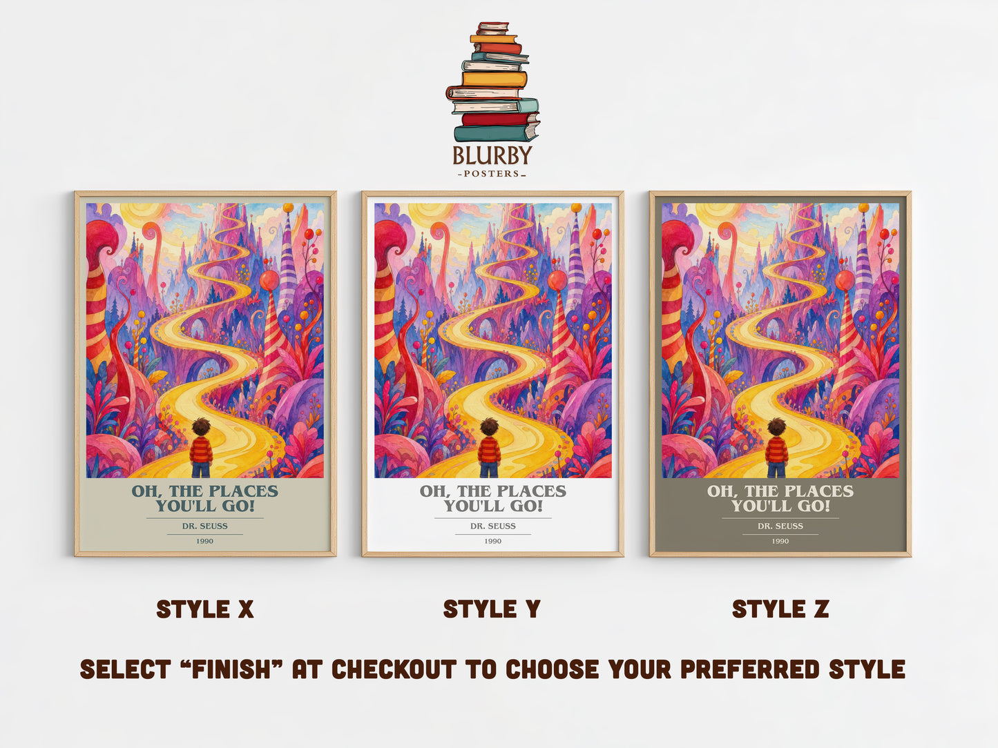Oh, The Places You'Ll Go! book cover print in frame leaning in hallway – childrens wall art