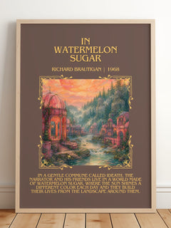 In Watermelon Sugar Minimalist Book Poster by Richard Brautigan – framed print leaning on a wooden floor