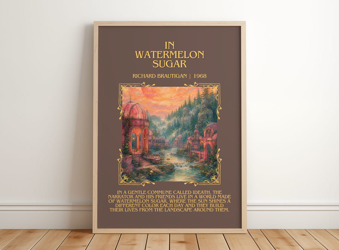 In Watermelon Sugar Minimalist Book Poster by Richard Brautigan – framed print leaning on a wooden floor