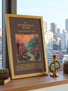 In Watermelon Sugar Minimalist Book Poster by Richard Brautigan – framed print on a city-view windowsill