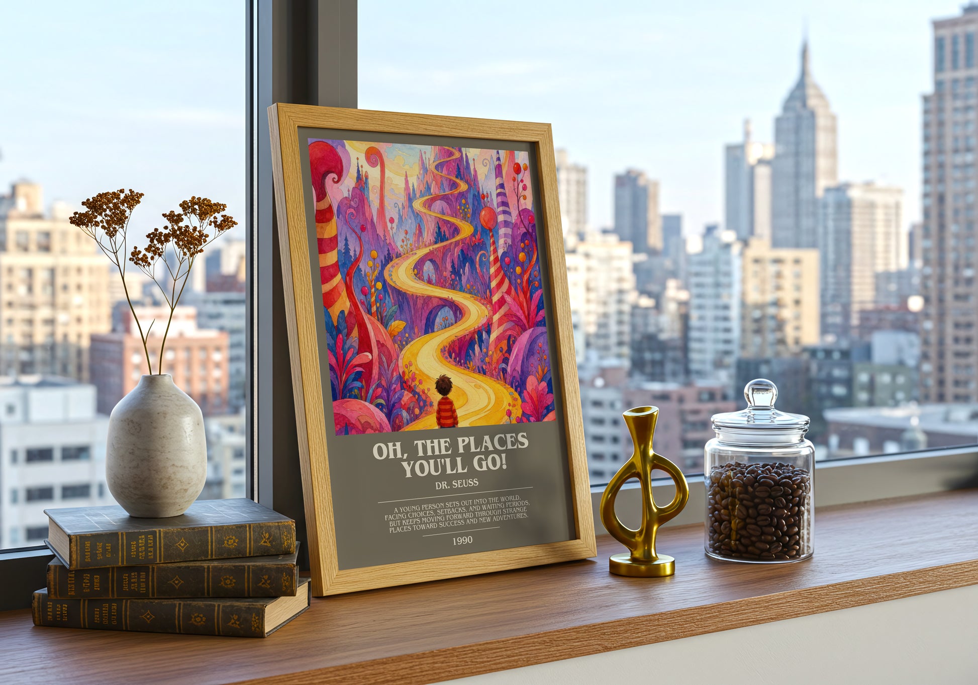 Oh, The Places You'Ll Go! bookish print framed by window – literary home decor