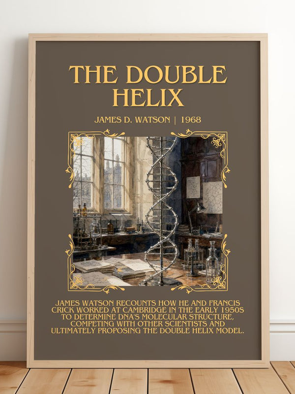 The Double Helix Minimalist Book Poster by James D. Watson – framed print leaning on a wooden floor