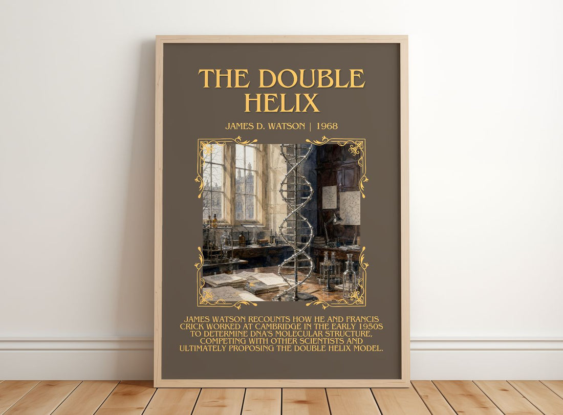 The Double Helix Minimalist Book Poster by James D. Watson – framed print leaning on a wooden floor