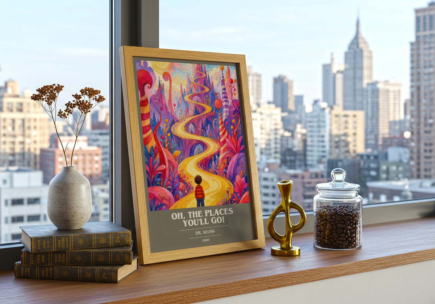 Oh, The Places You'Ll Go! book cover print framed by window – literary home decor