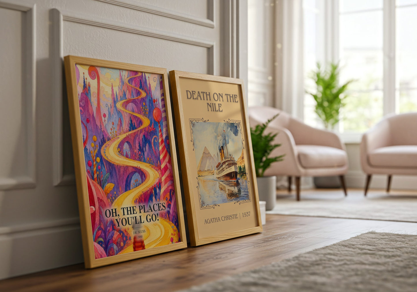 Oh, The Places You'Ll Go! watercolour print framed by window – literary home decor