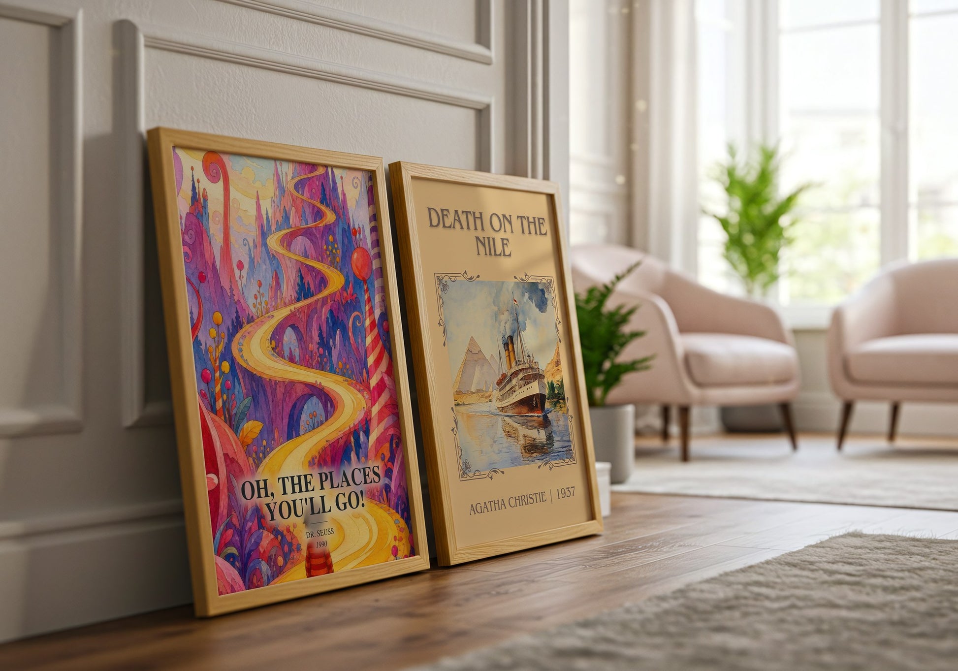Oh, The Places You'Ll Go! watercolour print framed by window – literary home decor