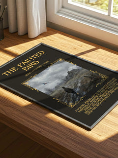 The Painted Bird Minimalist Book Poster by Jerzy Kosinski – print on a sunlit desk