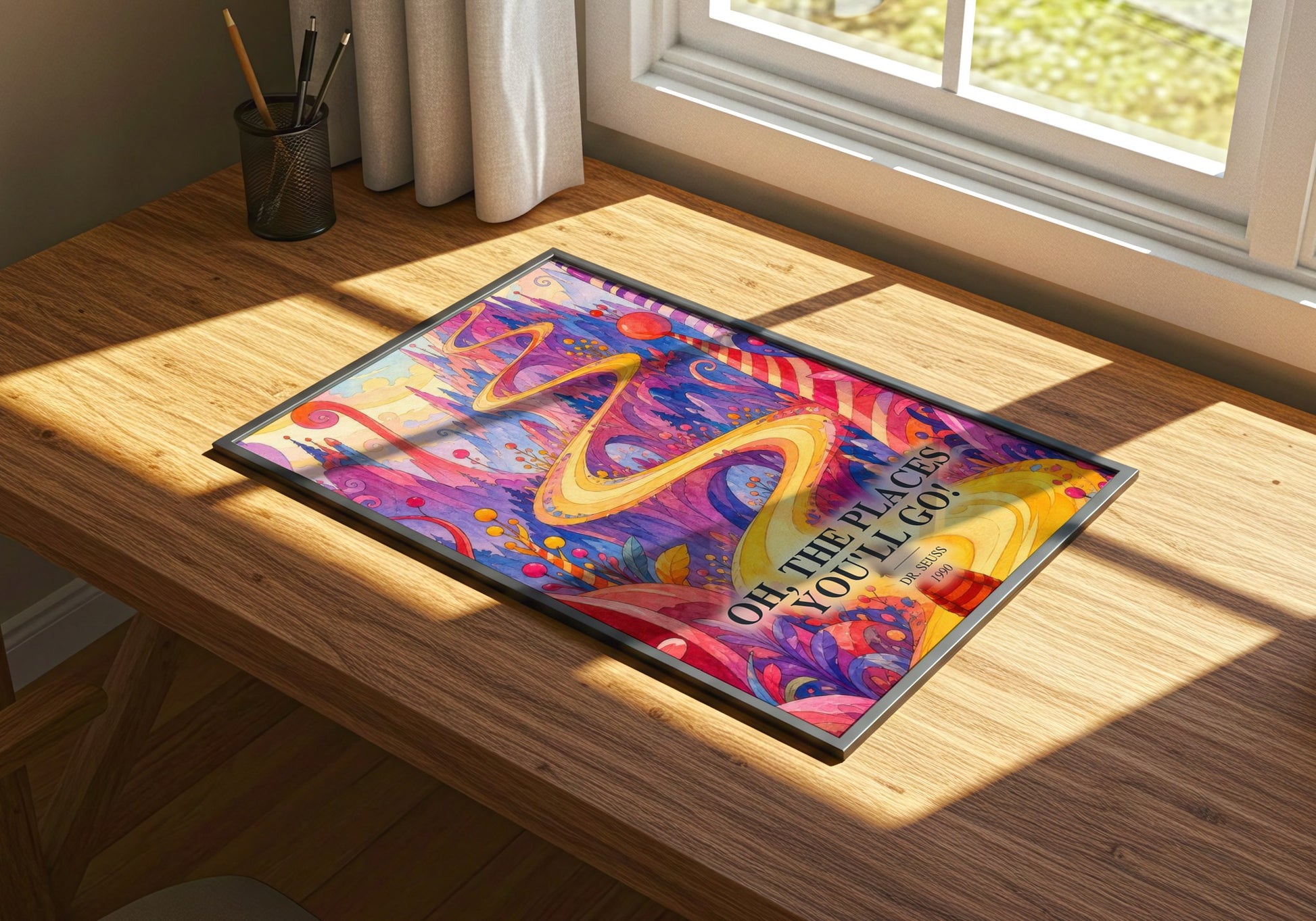 Oh, The Places You'Ll Go! watercolour book poster framed on wall – childrens wall art