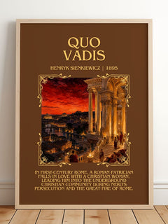 Quo Vadis Minimalist Book Poster by Henryk Sienkiewicz – framed print leaning on a wooden floor
