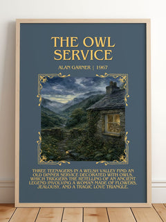 The Owl Service Minimalist Book Poster by Alan Garner – framed print leaning on a wooden floor