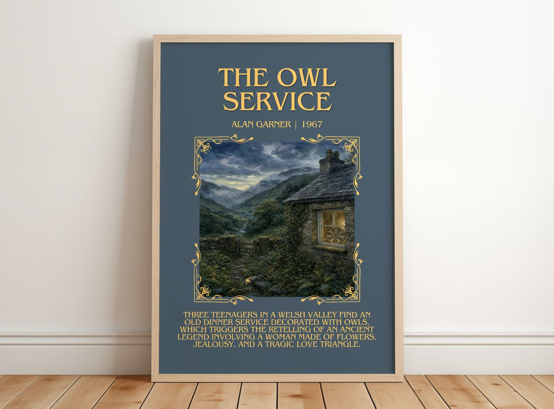 The Owl Service Minimalist Book Poster by Alan Garner – framed print leaning on a wooden floor
