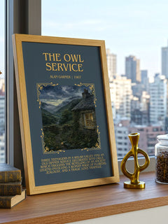 The Owl Service Minimalist Book Poster by Alan Garner – framed print on a city-view windowsill