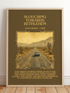 Slouching Towards Bethlehem Minimalist Book Poster by Joan Didion – framed print leaning on a wooden floor