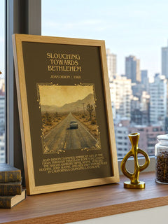 Slouching Towards Bethlehem Minimalist Book Poster by Joan Didion – framed print on a city-view windowsill