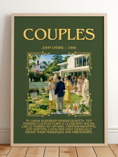Couples Minimalist Book Poster by John Updike – framed print leaning on a wooden floor