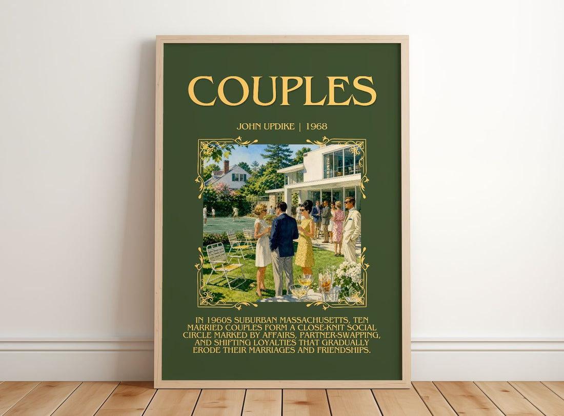 Couples Minimalist Book Poster by John Updike – framed print leaning on a wooden floor