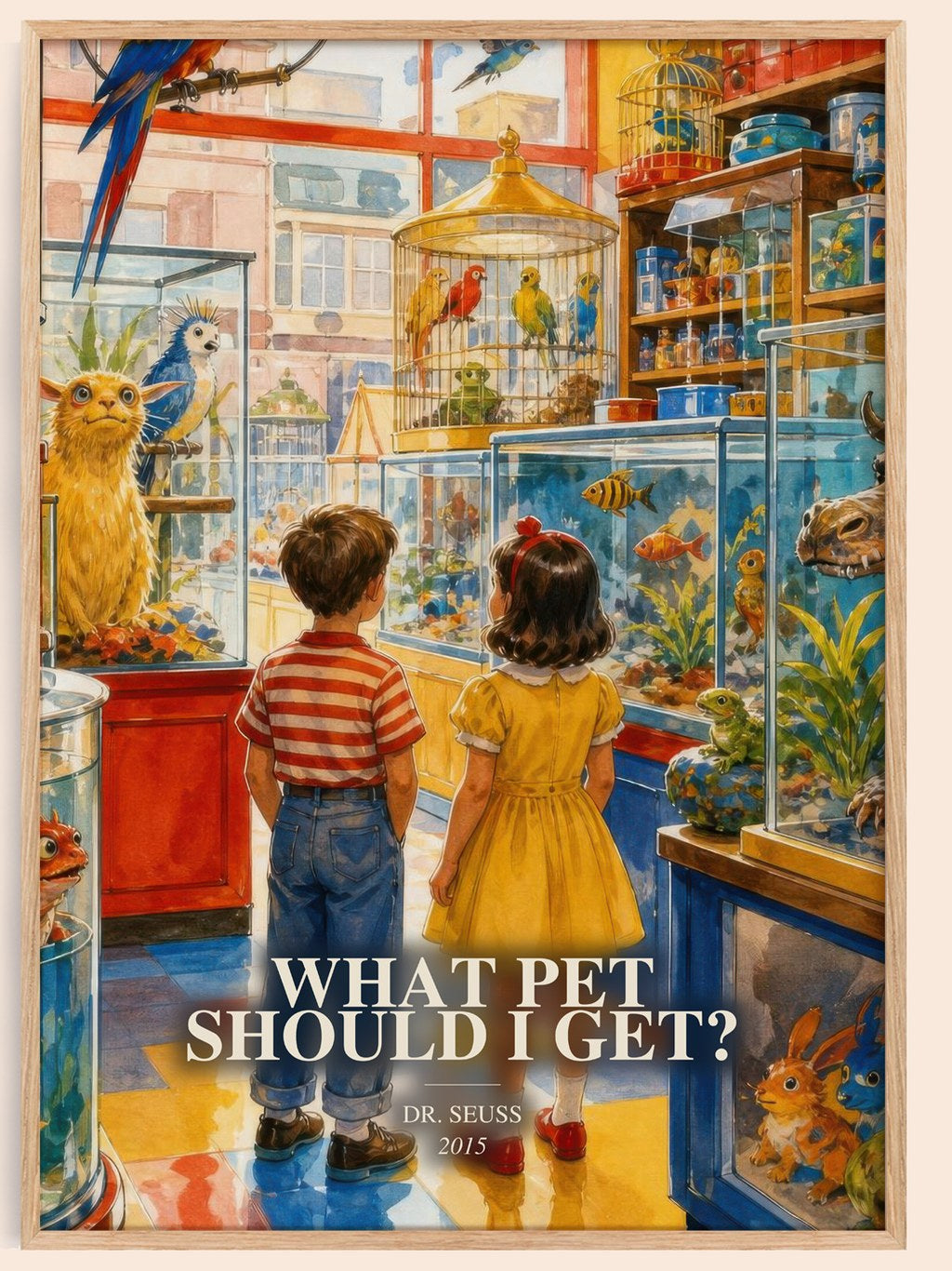 What Pet Should I Get? watercolour book poster by Dr. Seuss – framed literary art print
