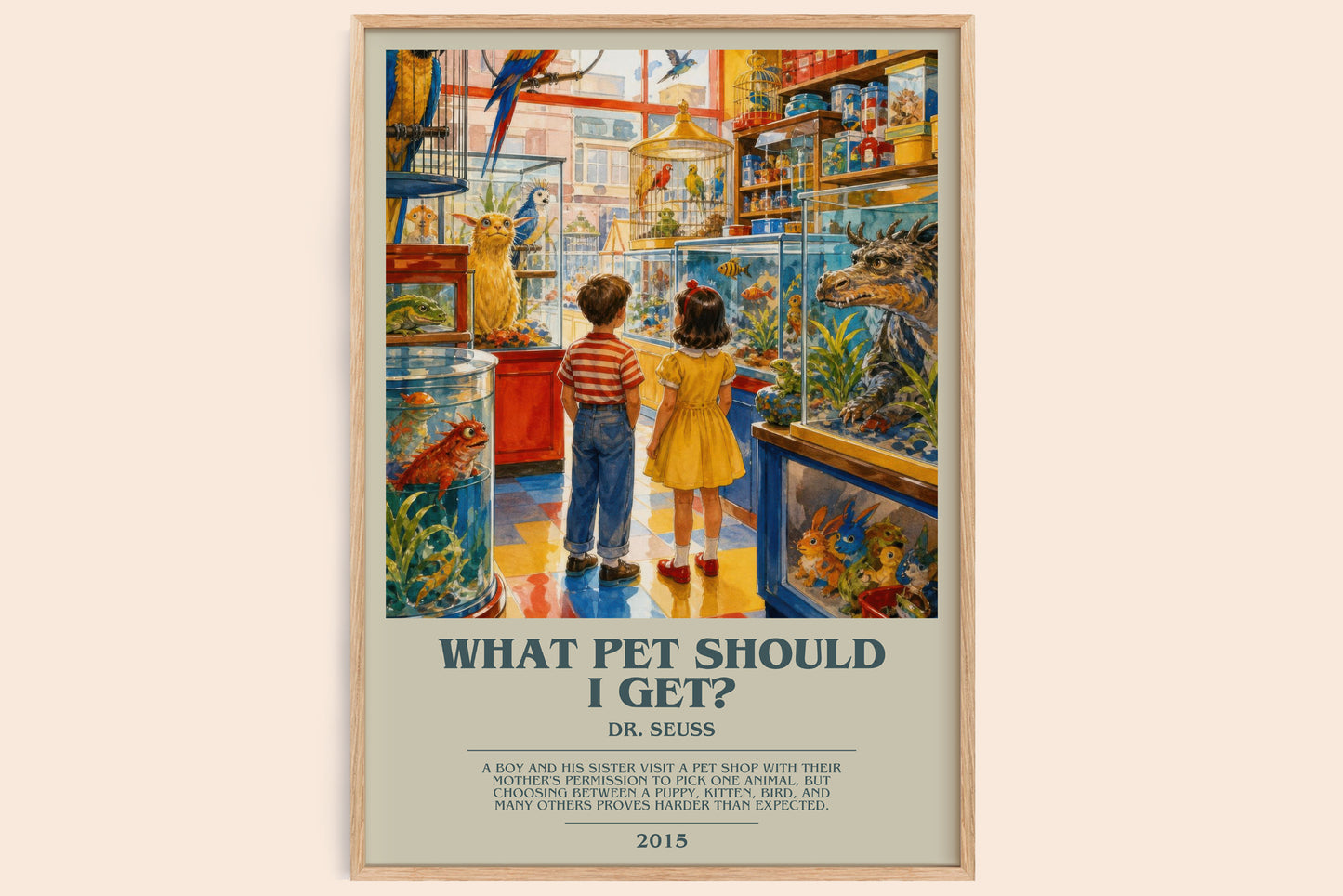 What Pet Should I Get? bookish book poster by Dr. Seuss – framed literary art print