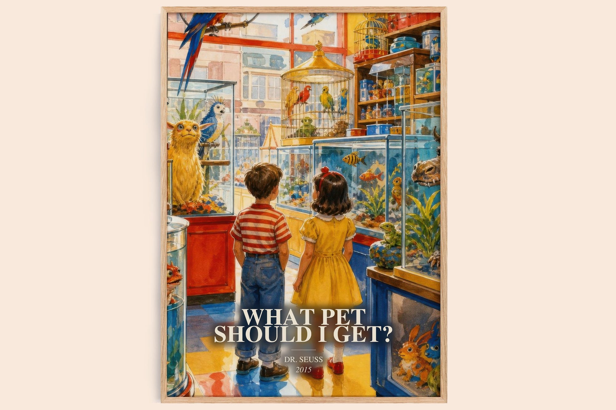 What Pet Should I Get? watercolour book poster by Dr. Seuss – framed literary art print