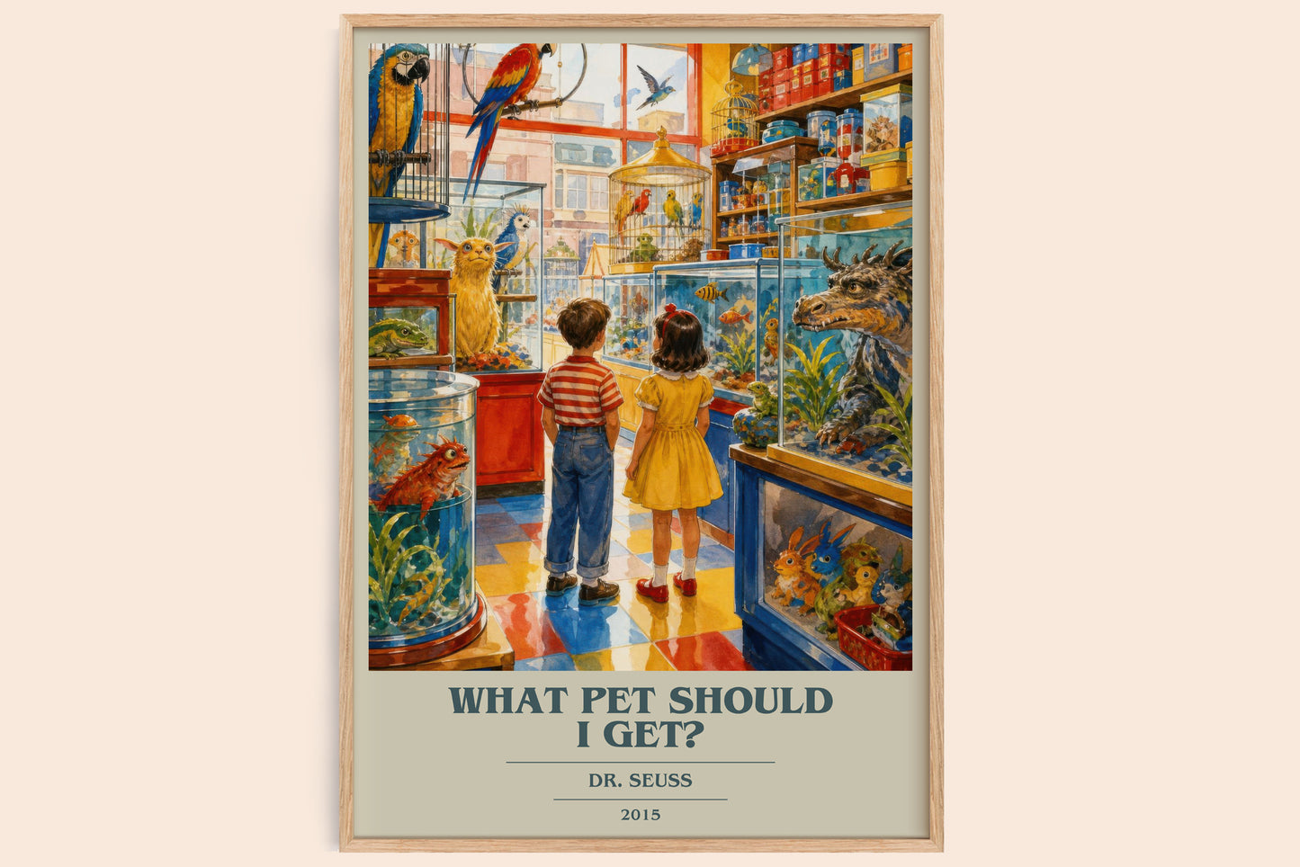 What Pet Should I Get? book cover book poster by Dr. Seuss – framed literary art print