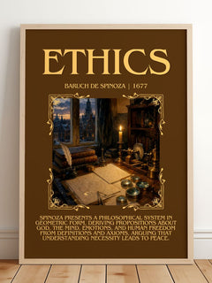 Ethics Minimalist Book Poster by Baruch de Spinoza – framed print leaning on a wooden floor