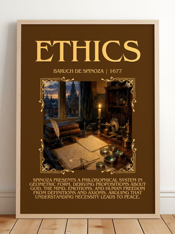 Ethics Minimalist Book Poster by Baruch de Spinoza – framed print leaning on a wooden floor