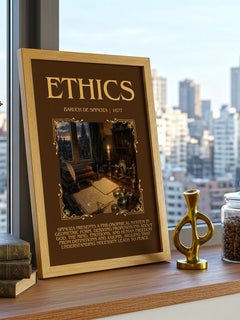 Ethics Minimalist Book Poster by Baruch de Spinoza – framed print on a city-view windowsill