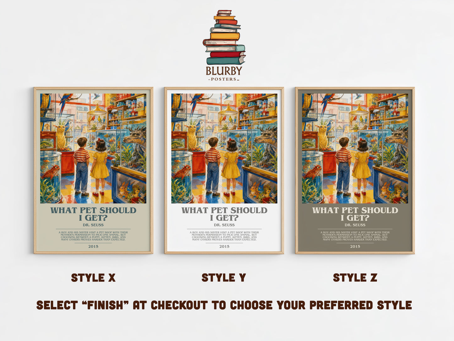 What Pet Should I Get? bookish print in frame leaning in hallway – childrens wall art